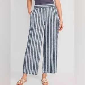 Old Navy Linen Blend Pants Women Large Blue White Wide Leg High Waist Boxy Loose